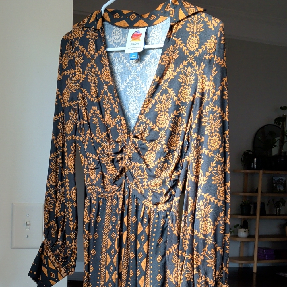 FARM Rio x ANTHROPOLOGIE Black and Orange Patterned Midi Dress